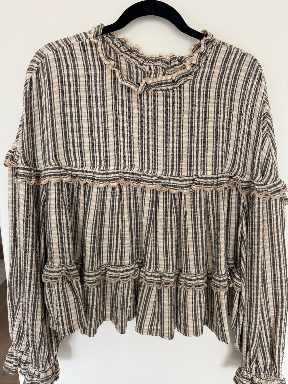 Pilcro Striped Ruffle Peasant Blouse - Beige & Black